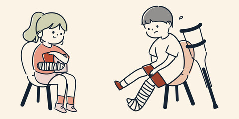 骨折してギプスを装着している子どもたちのシンプルでかわいいイラスト