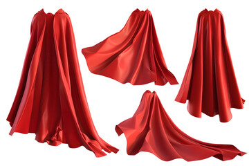 Superhero red cape set, front, back and side view 3d illustration Isolated on white background