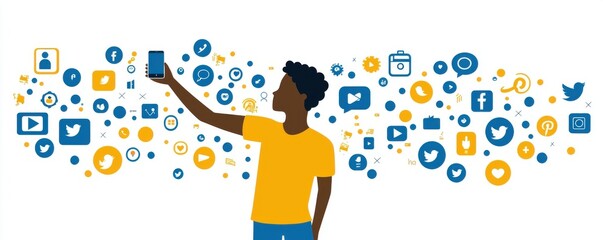 A person takes a selfie surrounded by colorful social media icons, symbolizing digital connectivity and engagement.