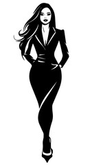 Fototapeta premium Black and white flat vector illustration of business woman. Office worker. Entrepreneur. Director. Beautiful woman.