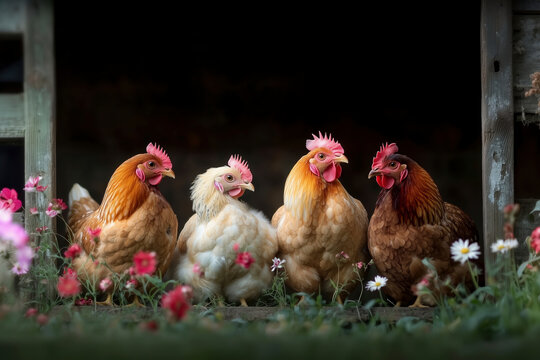 Four Chickens in a Garden - Colorful Feathered Friends Among Flowers - Farm Animals Photography