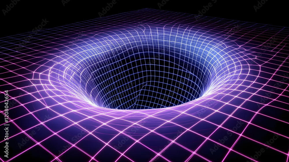 Poster a vision of space-time being twisted into a spiral shape, with neon light beams emerging from its co