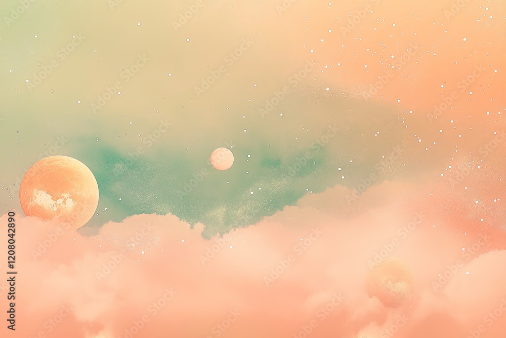 Poster a celestial landscape with planets and stars floating in a dreamy haze
