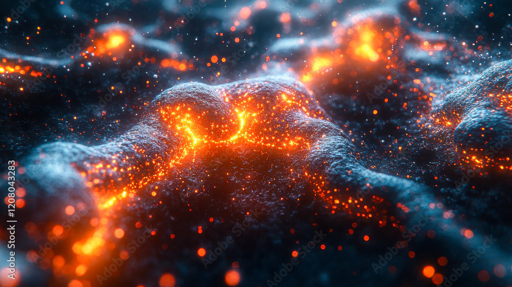 Poster a hyper-realistic view of fiery neuron-like patterns radiating vibrant orange and red light, emphasi