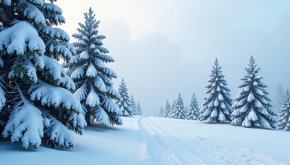 Obraz premium Spruce trees are covered in a layer of white snow, cold, frosted