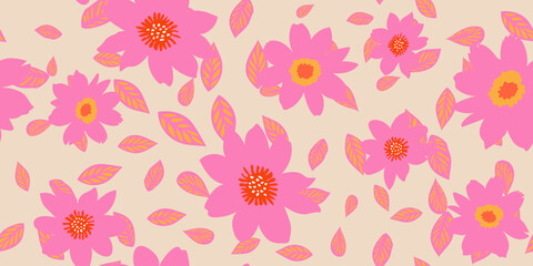 Fototapeta premium Exotic hand drawn flowers print, seamless patterns with floral and leaf for banner, wall art, fabric, textiles, clothing, poster, home decor