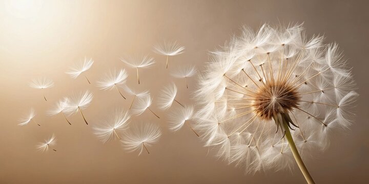 A single dandelion seed head with many seeds dispersing on a neutral background
