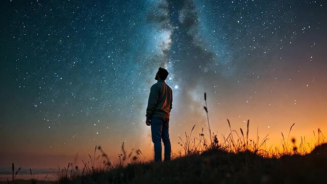 Man looking up at the milky way and starry night sky with a horizon view