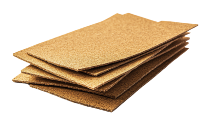 Stack of textured cork sheets for various uses. isolated on transparent background.	