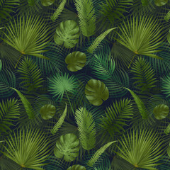 A seamless pattern featuring vibrant green tropical leaves and palm leaves on a dark background. Perfect for fabric prints, wallpapers, packaging, and digital designs, adding a lush and exotic touch