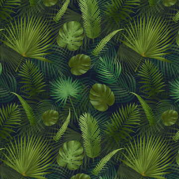 A seamless pattern featuring vibrant green tropical leaves and palm leaves on a dark background. Perfect for fabric prints, wallpapers, packaging, and digital designs, adding a lush and exotic touch