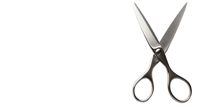 Stainless steel scissors with shiny blades. isolated on transparent background.	