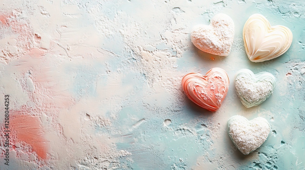 Poster pastel hearts on abstract spring background with soft colors
