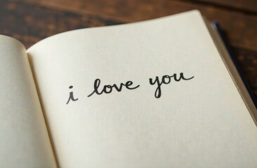 A handwritten inscription, the text "I love you" on a white sheet of paper, in a notebook or diary. A painted heart. A declaration of love. Romantic card for Valentine's Day, Mother's Day.