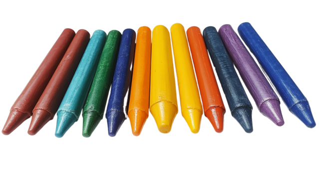 Vibrant crayons arranged in a colorful line. isolated on transparent background.	
