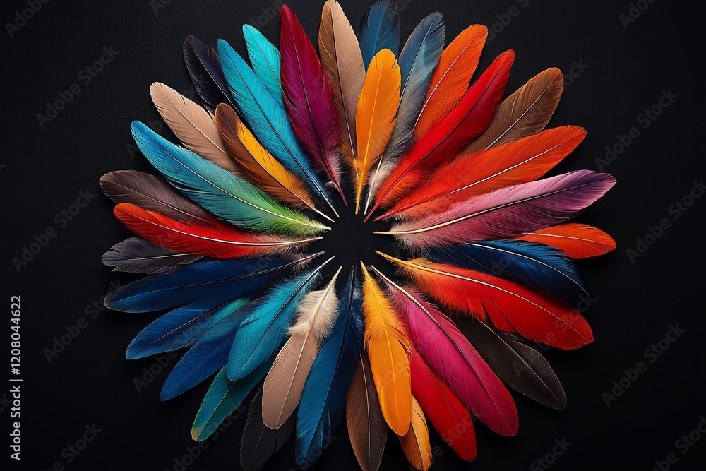 Poster A collection of colorful feathers arranged in a circular mandala pattern.