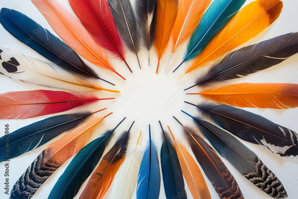 Poster A collection of colorful feathers arranged in a circular mandala pattern.