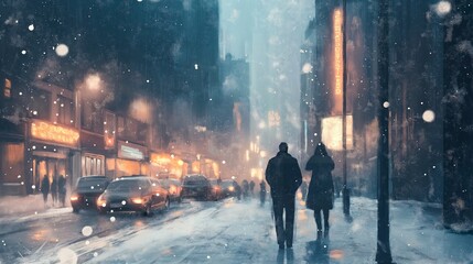 winter night scene with people on the streets