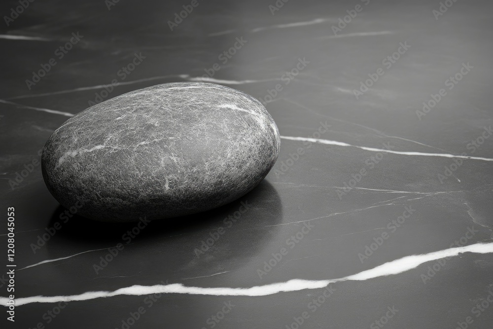 Poster smooth grey stone rests on a dark marble surface, creating a serene and minimalist scene.