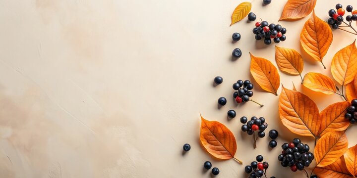Autumnal arrangement of dark berries and vibrant orange leaves on a neutral background