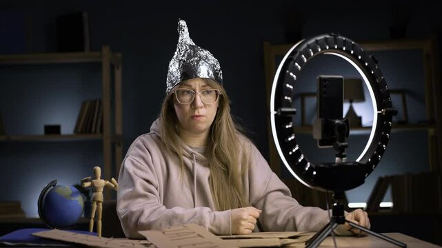 Strange crazy vlogger with cellphone, paranoid woman streaming at home conspiracy theory broadcasting in vlog, emotional reaction. blogging and conspiracy theory