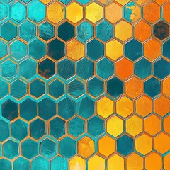 Geometric hexagonal patterns in teal and orange, ideal for backgrounds or abstract art. --