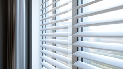 Obraz premium A close-up view of white blinds partially covering a window, allowing light to filter through while maintaining privacy.