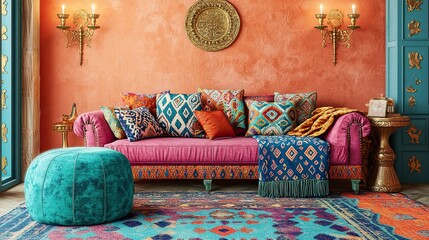 A colorful boho-style living area with a fuchsia and turquoise sofa