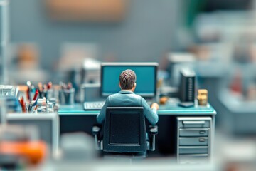 Miniature figure of a man sitting at a desk working on a computer in an office setting.