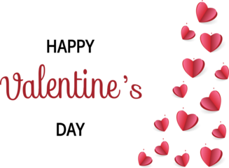 This image features a "Happy Valentine's Day" message in bold black and elegant red text on a white-to-pink gradient background. The design is complemented by red 3D hearts 
