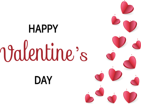 This image features a "Happy Valentine's Day" message in bold black and elegant red text on a white-to-pink gradient background. The design is complemented by red 3D hearts 