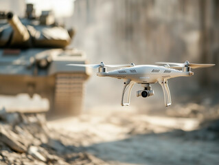 Drone volant devant un char d'assaut