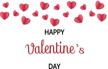 This image features a "Happy Valentine's Day" message in bold black and elegant red text on a white-to-pink gradient background. The design is complemented by red 3D hearts 