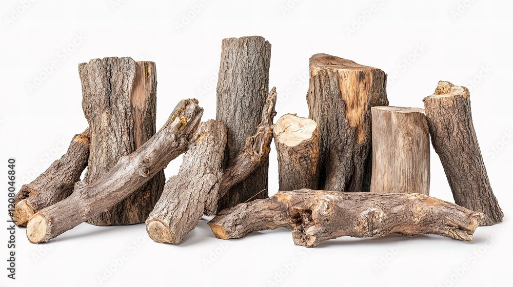 Poster cluster of isolated dead tree trunks with dry branches and texture