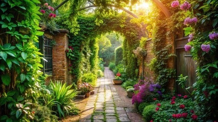 Sunlit Garden Path Through Brick Archway with Lush Greenery and Vibrant Blooms