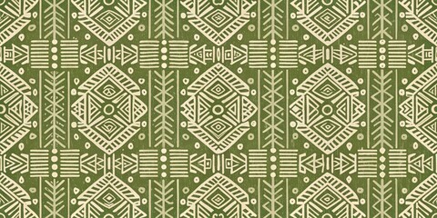 Obraz premium Olive Green and Cream Hand-Drawn Geometric Textile Pattern