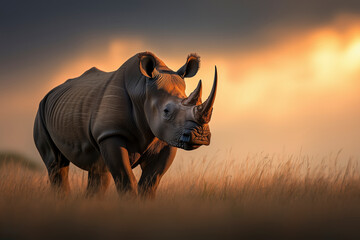 Obraz premium Majestic Rhino in Golden Light: A Portrait of Strength and Serenity in the African Savanna