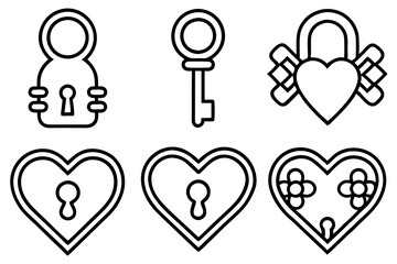 Key and heart lock line art vector set