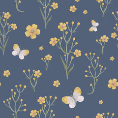 Pastel seamless pattern with yellow garden flowers and cute butterflies. Floral illustrations for scrapbooking, wallpapers, textile, packaging, fashion, background.