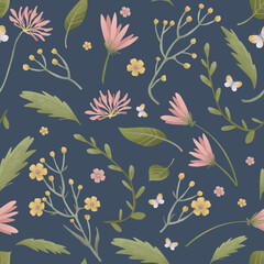 Hand painted seamless pattern. Green garden foliage, pink and yellow flowers on blue background. Floral illustrations for scrapbooking, wallpapers, textile