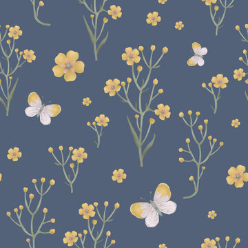 Pastel seamless pattern with yellow garden flowers and cute butterflies. Floral illustrations for scrapbooking, wallpapers, textile, packaging, fashion, background.