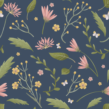 Hand painted seamless pattern. Green garden foliage, pink and yellow flowers on blue background. Floral illustrations for scrapbooking, wallpapers, textile