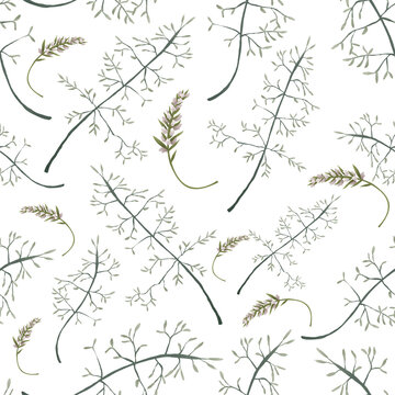 Floral seamless pattern with meadow delicate leaves. Botanical illustrations for scrapbooking, wallpapers, textile, packaging, fashion, background.
