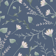 Hand painted seamless pattern with green garden foliage and flowers on blue background. Floral illustrations for scrapbooking, wallpapers, textile, packaging, fashion, background.