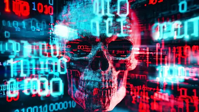Abstract digital glitch effect with skull. Hacked laptop computer screen. Error signal. Virus code and software hack concept. Cyber security