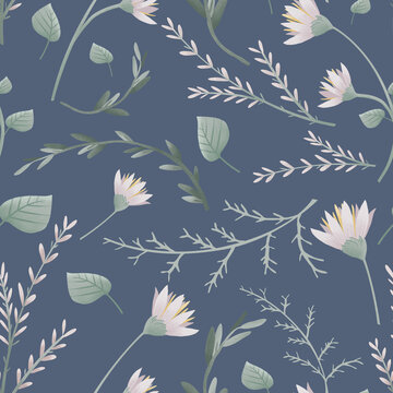 Hand painted seamless pattern with green garden foliage and flowers on blue background. Floral illustrations for scrapbooking, wallpapers, textile, packaging, fashion, background.