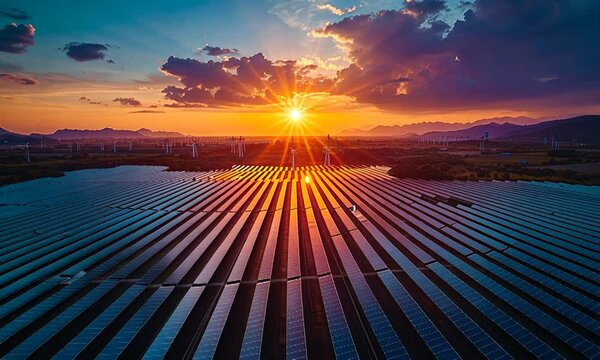 A stunning sunset over solar panels, showcasing renewable energy and nature's beauty.