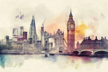 Fototapeta premium A dreamy, watercolor-style rendition of iconic city landmarks. 
