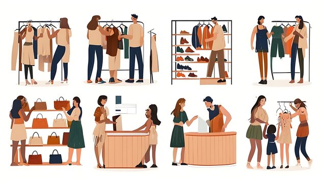 Colorful Retail Scenes Depicting A Lively Shopping Experience