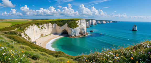 "A scenic view of Étretat’s cliffs with a winding walking trail leading to the edge, surrounded by lush grass and summer wildflowers. The towering chalk cliffs meet the deep blue